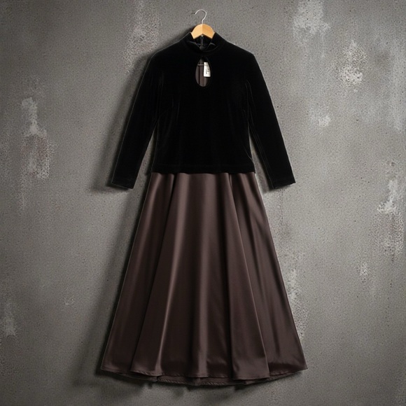 Tadashi Shoji Dresses & Skirts - Tadashi Shoji Vintage Velvet Mock Neck Dress Gown 16 Chocolate Brown Black Tie